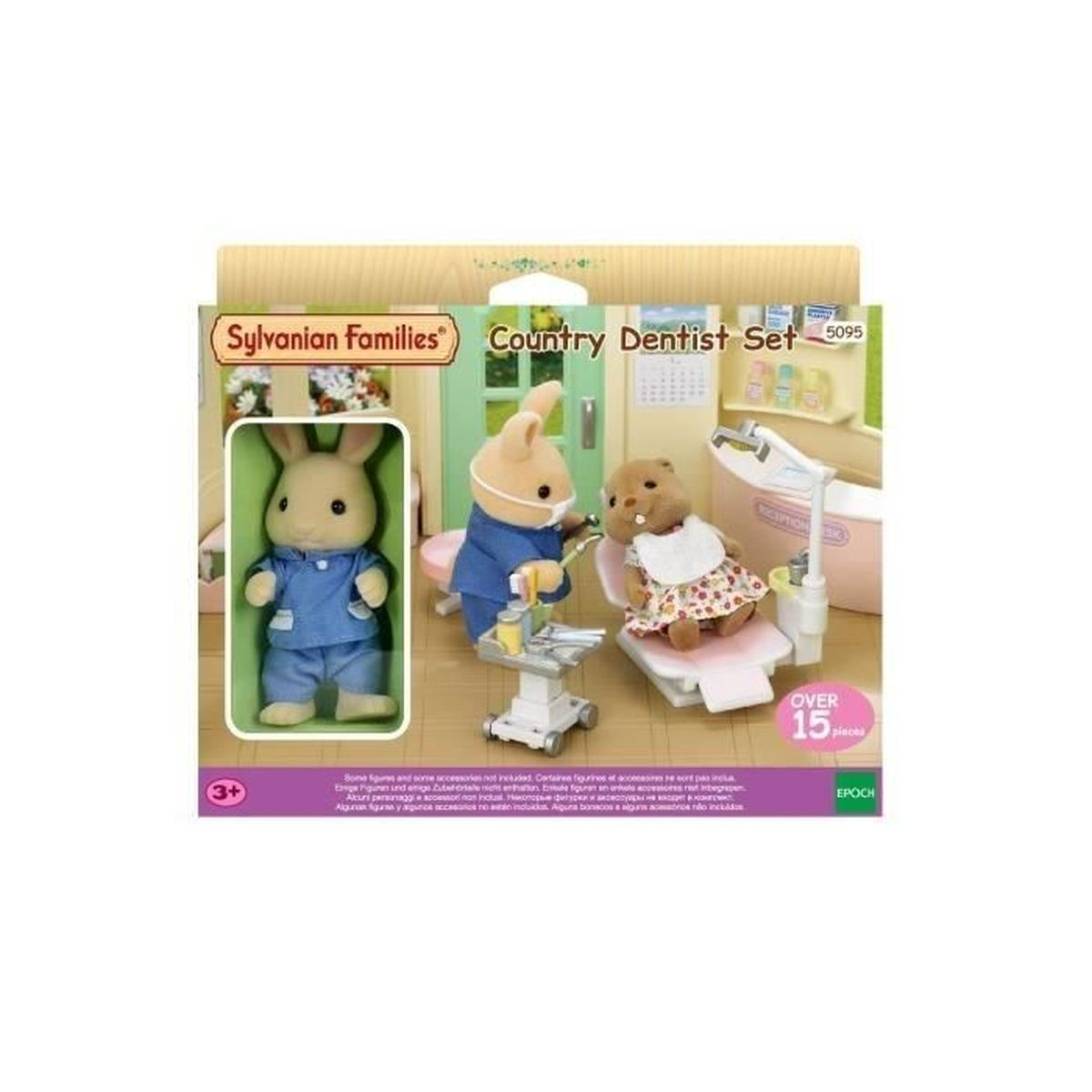 Una scatola del set Sylvanian Families Country Dentist. Mostra un coniglietto dentista che cura un paziente orso. Il set include oltre 15 pezzi.