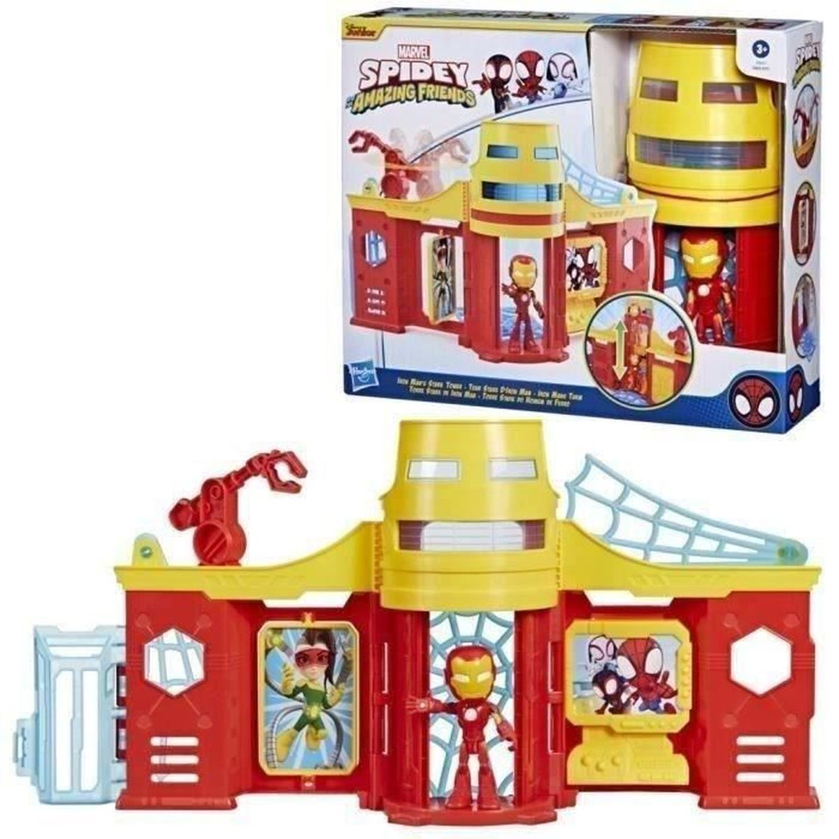 A Marvel Spidey and His Amazing Friends playset. It features red and yellow buildings with figures of Iron Man and other characters.
