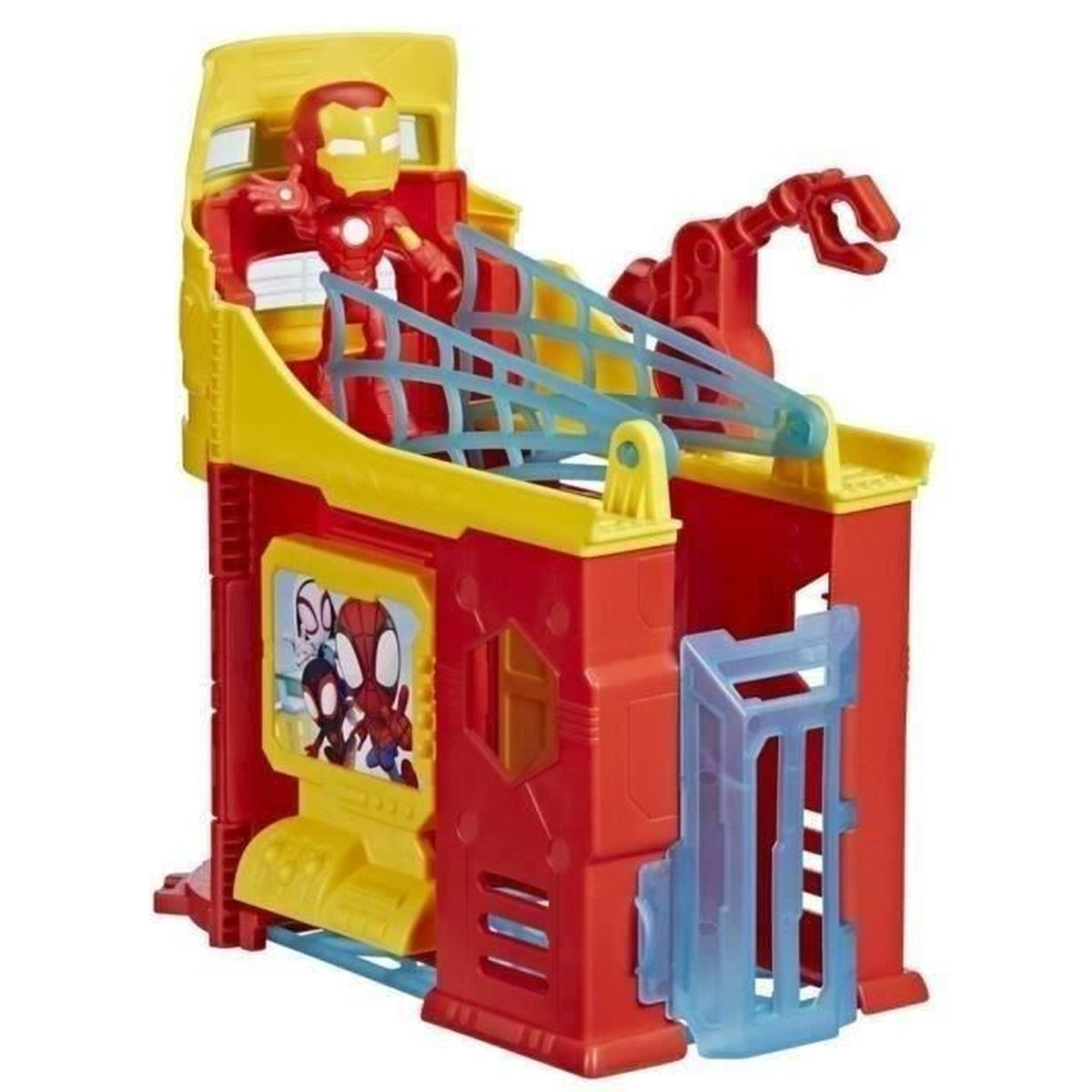 A red and yellow toy playset featuring Iron Man and Spider-Man graphics. It has a crane, blue barriers, and an Iron Man figure.