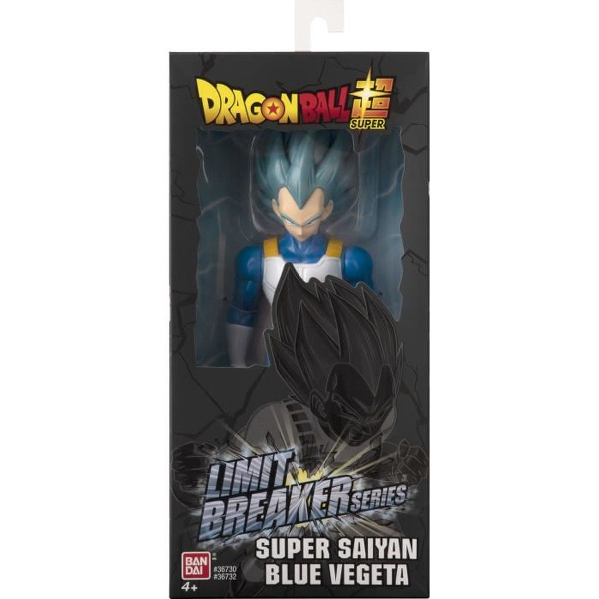 Una figura de acción de Super Saiyan Blue Vegeta en una caja. La figura tiene cabello azul y viste un atuendo azul y blanco.