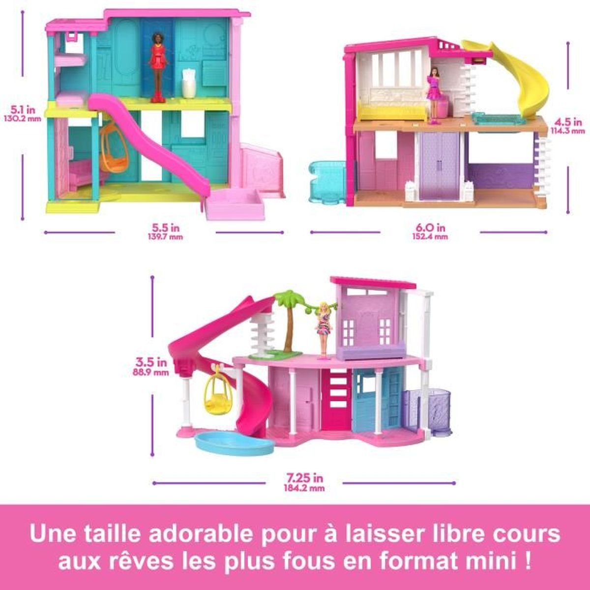 Tres casas de muñecas en miniatura con toboganes, balcones y muñecas. Las dimensiones están etiquetadas en pulgadas y milímetros.
