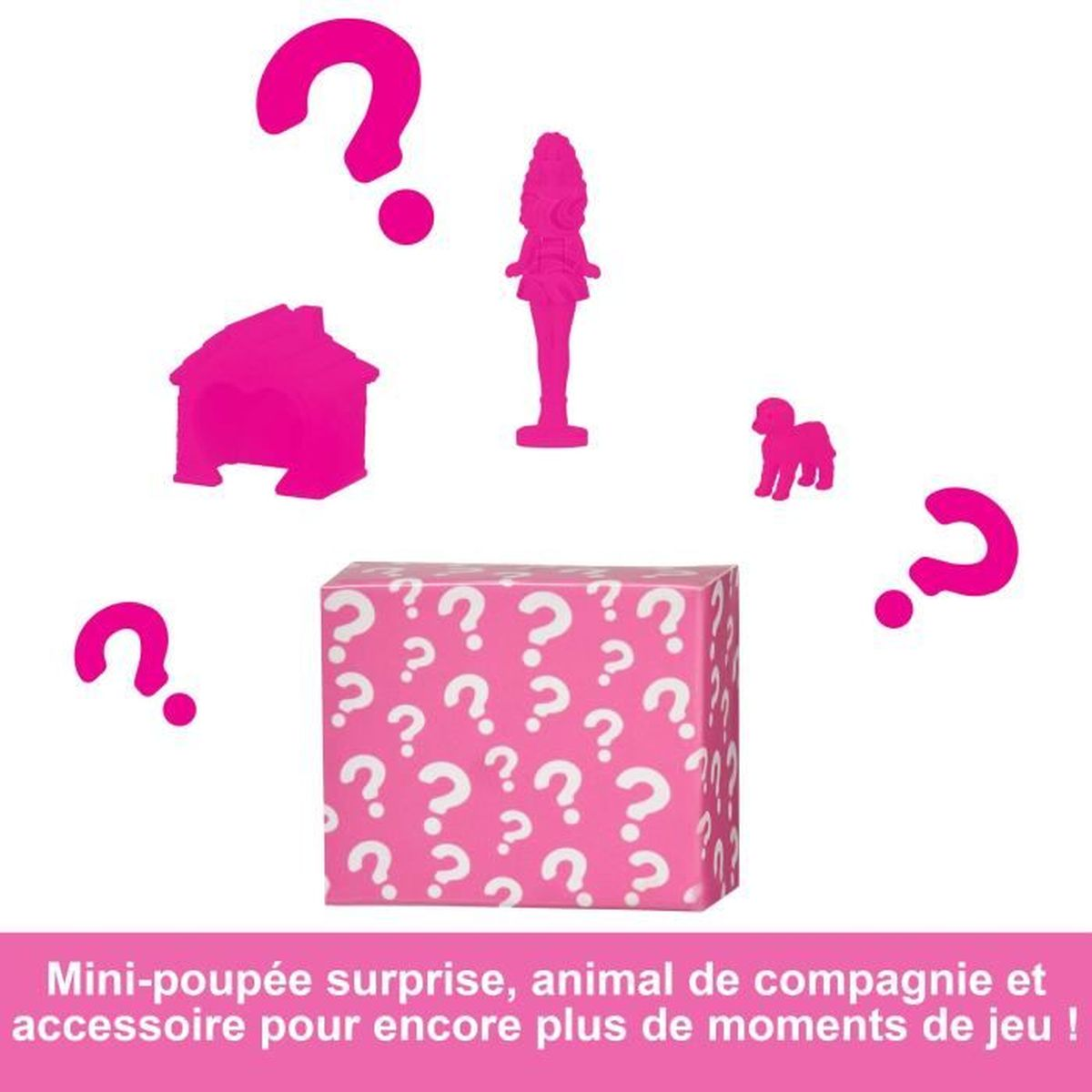 Caja de juguetes rosa con signos de interrogación, perro rosa, muñeca, casa y signos de interrogación. Texto: 'Mini-muñeca sorpresa, mascota y accesorio'.