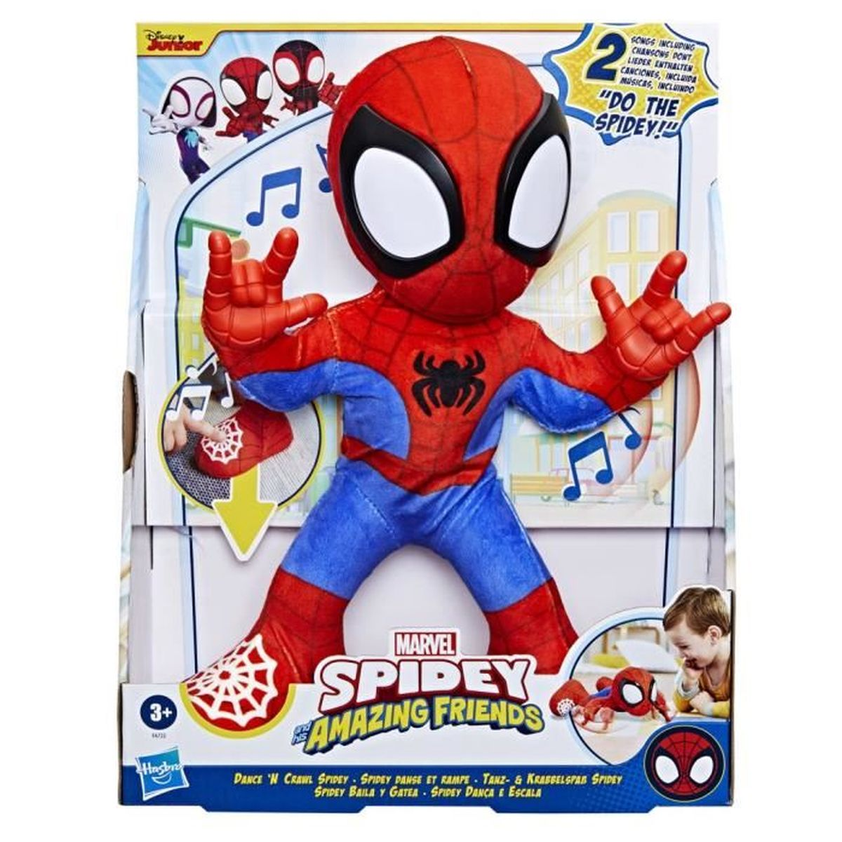 Un peluche de Spidey en una caja. El juguete tiene colores rojo y azul. La caja tiene el logotipo de Marvel Spidey and his Amazing Friends.