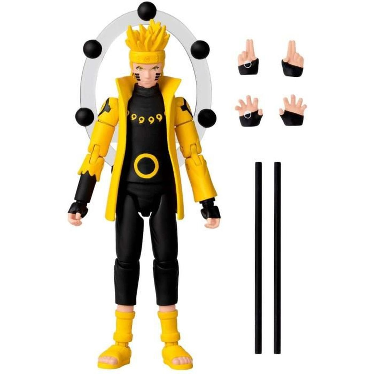 Figura de acción de Naruto con atuendo amarillo y negro con varios gestos de manos y accesorios. Un personaje de anime.