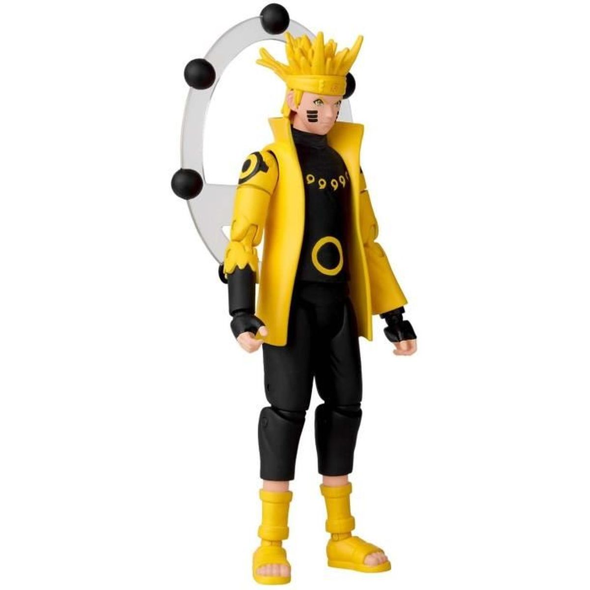 Una figura de acción de Naruto con una chaqueta amarilla y pantalones negros. Tiene el pelo amarillo puntiagudo y está de pie con un soporte transparente.