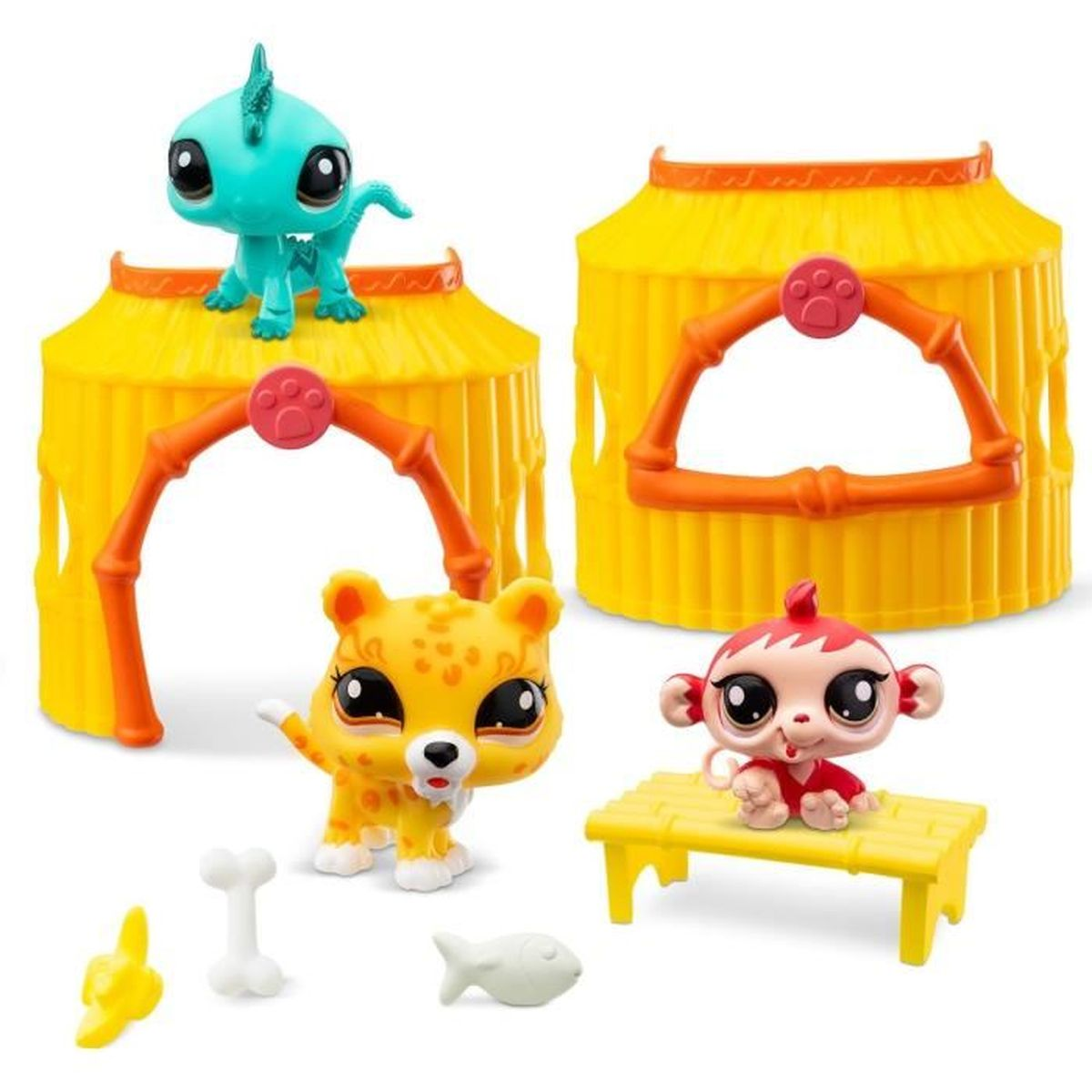 Conjunto de figuras de juguete coloridas, incluyendo un dinosaurio turquesa, un guepardo manchado, un mono rojo y accesorios.
