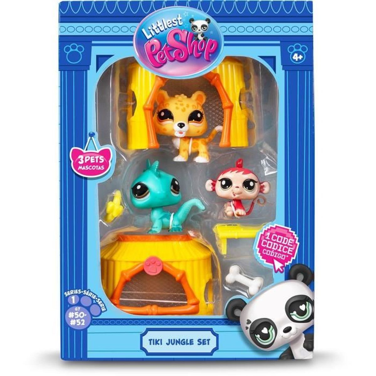 Un set de Littlest Pet Shop Tiki Jungle. Muestra tres mascotas de juguete, incluyendo un leopardo, un lagarto y un mono, con una cabaña amarilla.