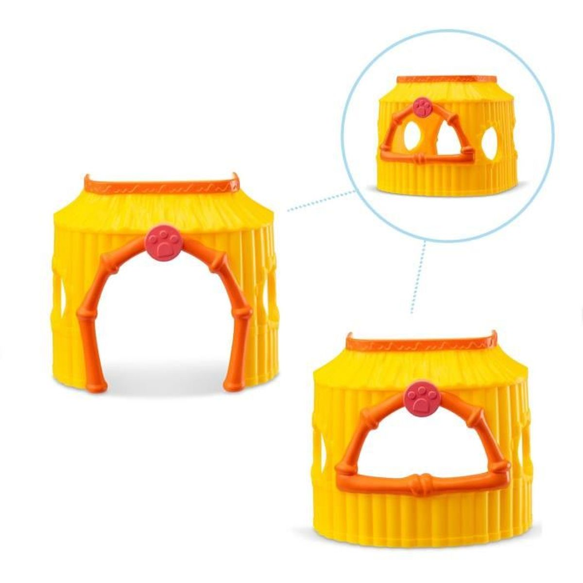Estructura de juguete amarilla con arco naranja y detalle de huella. Se muestra una versión más pequeña y una parte está ampliada.