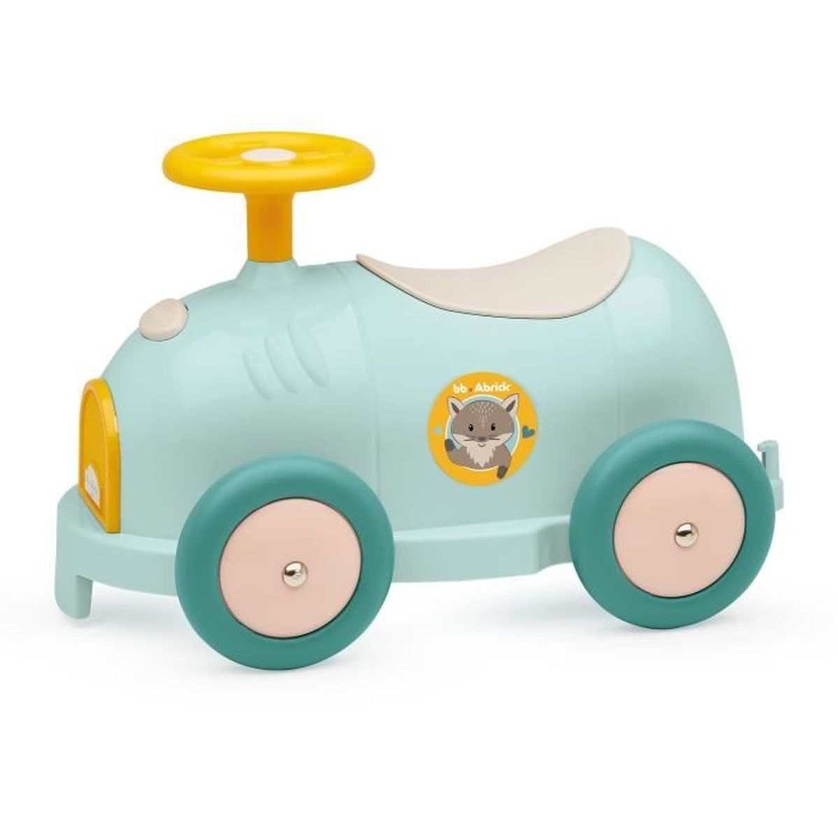 Un'auto giocattolo azzurra con volante e dettagli gialli. Presenta un adesivo a forma di volpe e ruote verde acqua con centri rosa.