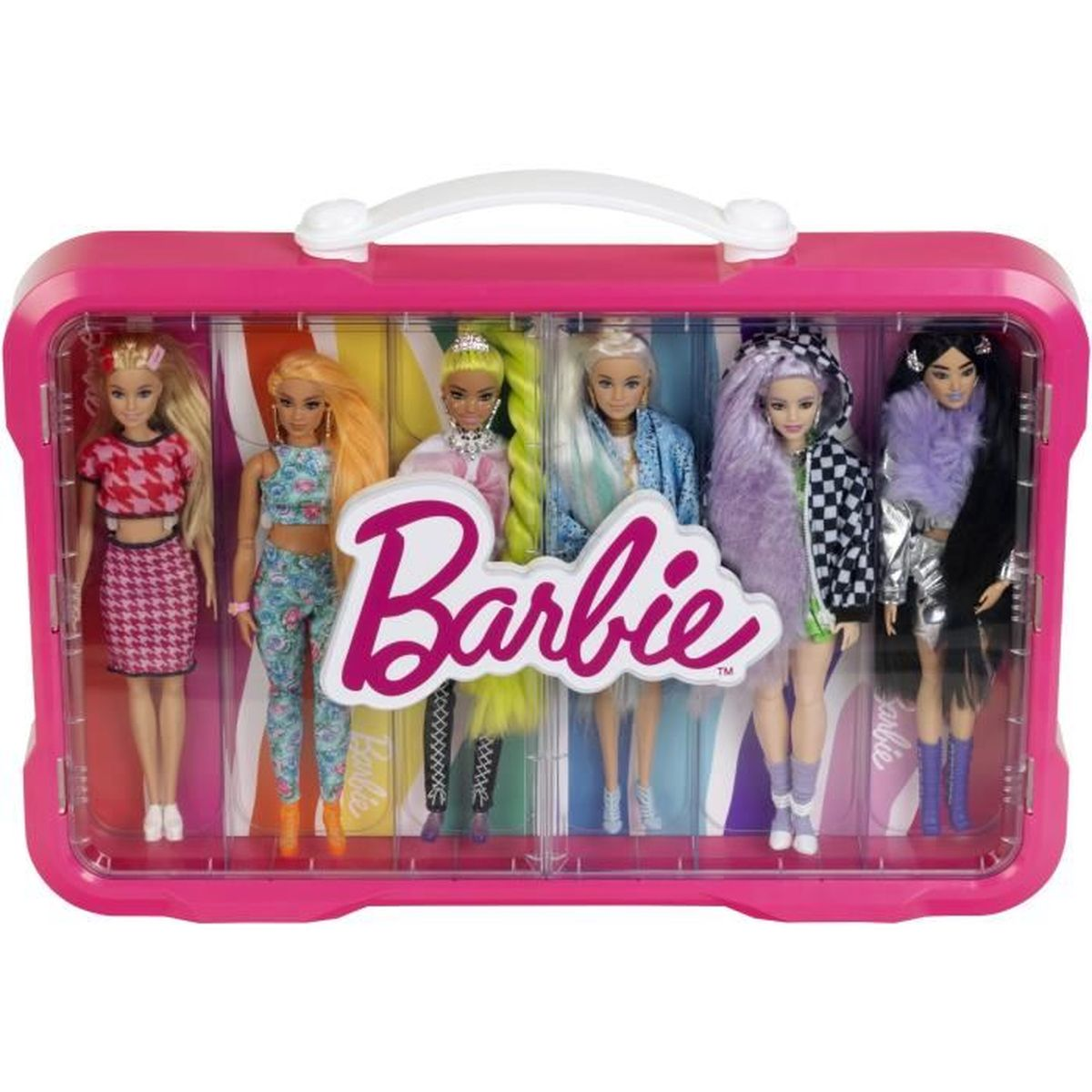 Różowa walizka Barbie zawiera sześć lalek z różnymi strojami i fryzurami. Logo Barbie znajduje się na środku.