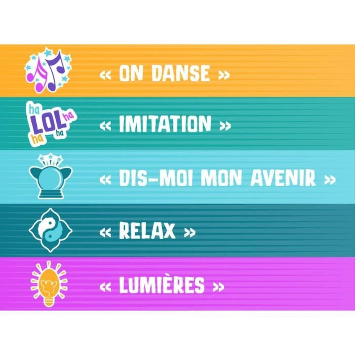 Kolorowa grafika z frazami: 'On danse', 'Imitation', 'Dis-moi mon avenir', 'Relax' i 'Lumières', z powiązanymi ikonami.