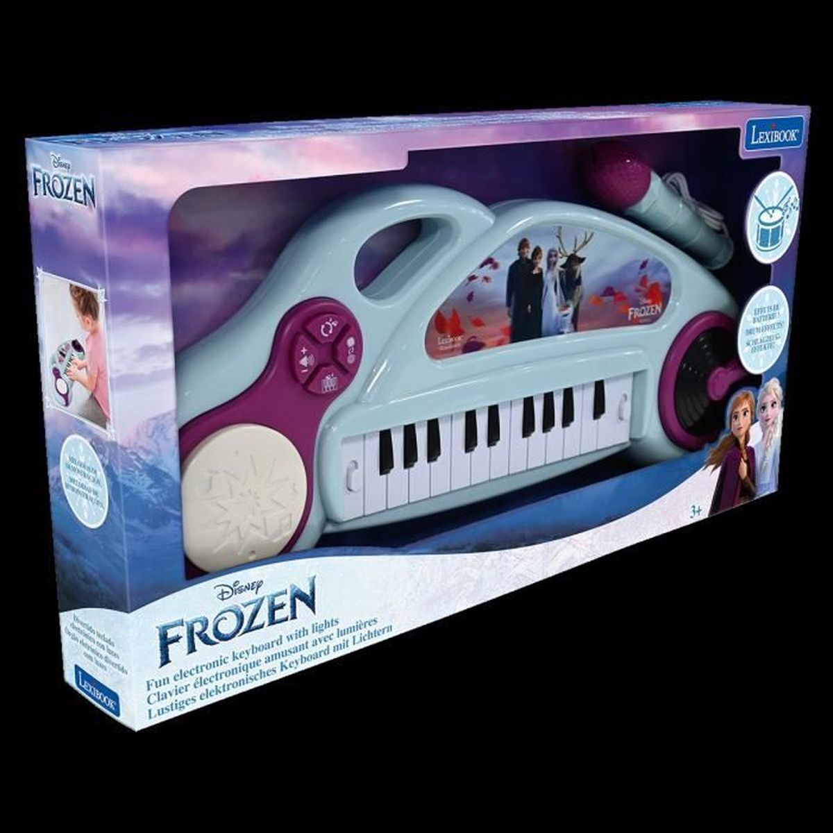Klawiatura elektroniczna z motywem Frozen w pudełku. Posiada mikrofon i zdjęcia postaci z filmu.