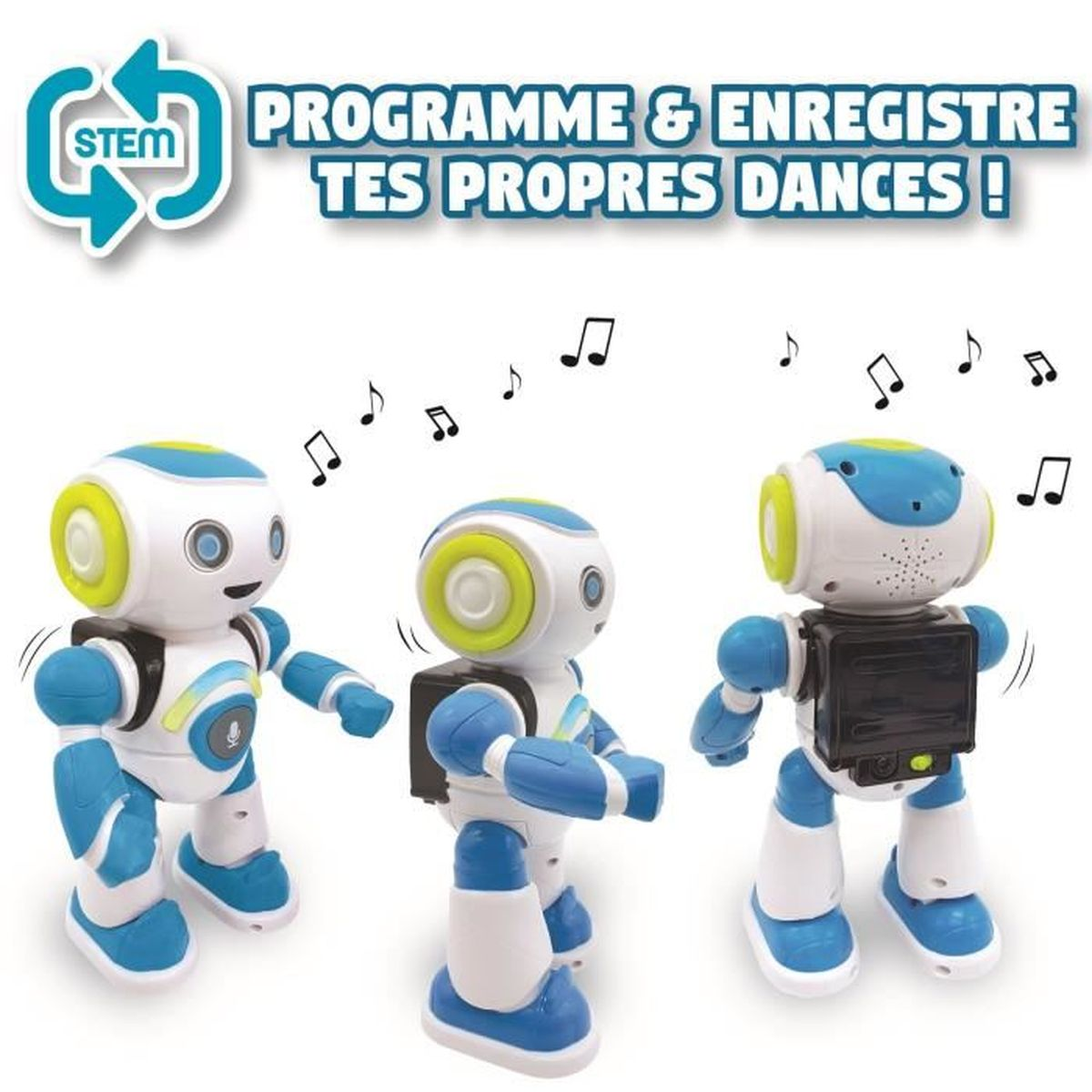 Tres robots de juguete azules, blancos y amarillos bailan. Notas musicales flotan sobre ellos. El texto dice 'PROGRAMME & ENREGISTRE TES PROPRES DANCES!'