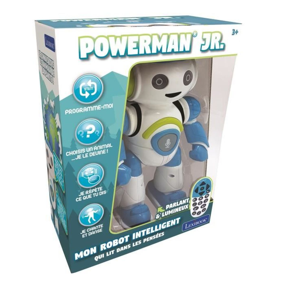Un juguete de robot Powerman Jr. en su caja. El robot es blanco y azul con detalles en verde. La caja tiene texto en francés y es blanca y verde azulado.