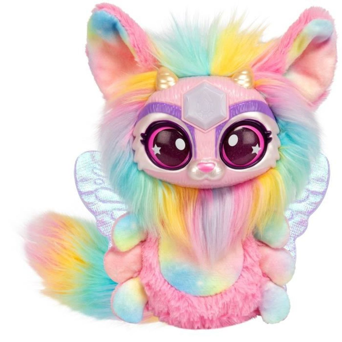 Kolorowa pluszowa zabawka z tęczowym futrem, dużymi oczami, małymi rogami i skrzydłami wróżki. Zabawka jest różowa, niebieska, żółta i fioletowa.
