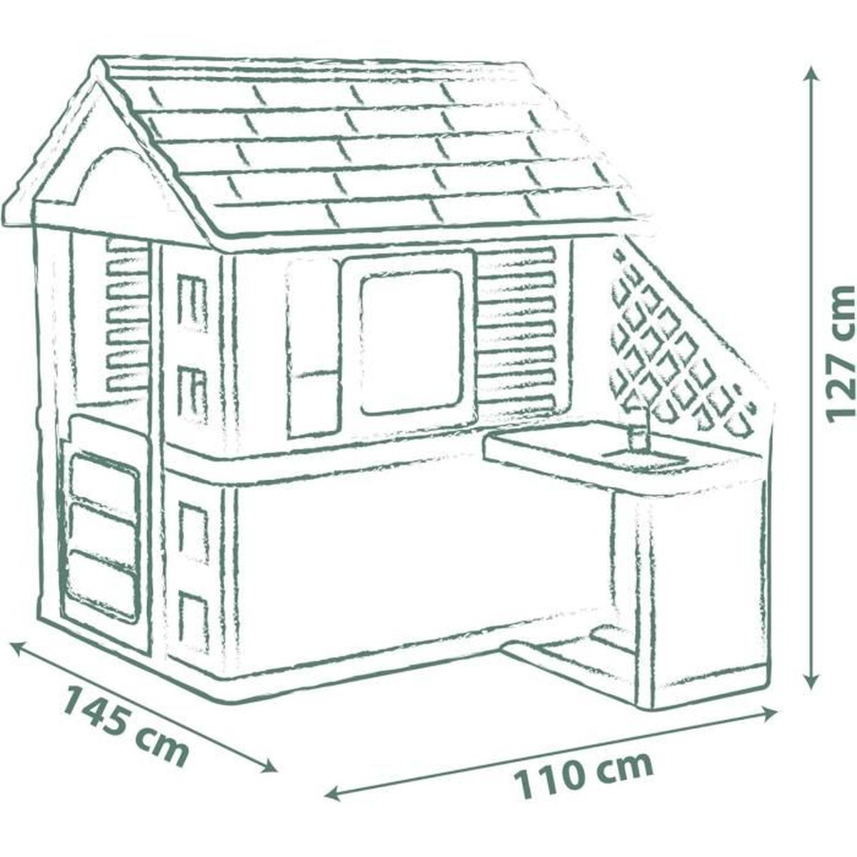 Ilustracja domku do zabawy z wymiarami. Ma skośny dach, okna i blat. Wymiary: 145cm, 127cm, 110cm.