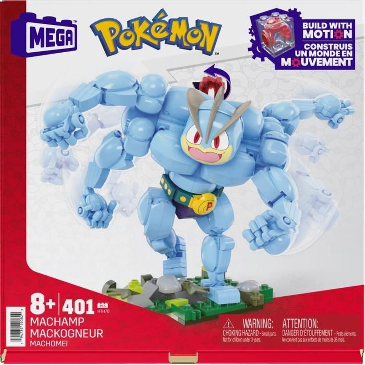 Un set di costruzione di Pokémon Machamp. La figura è azzurra, muscolosa e ha quattro braccia. La scatola presenta i marchi Pokemon e Mega.