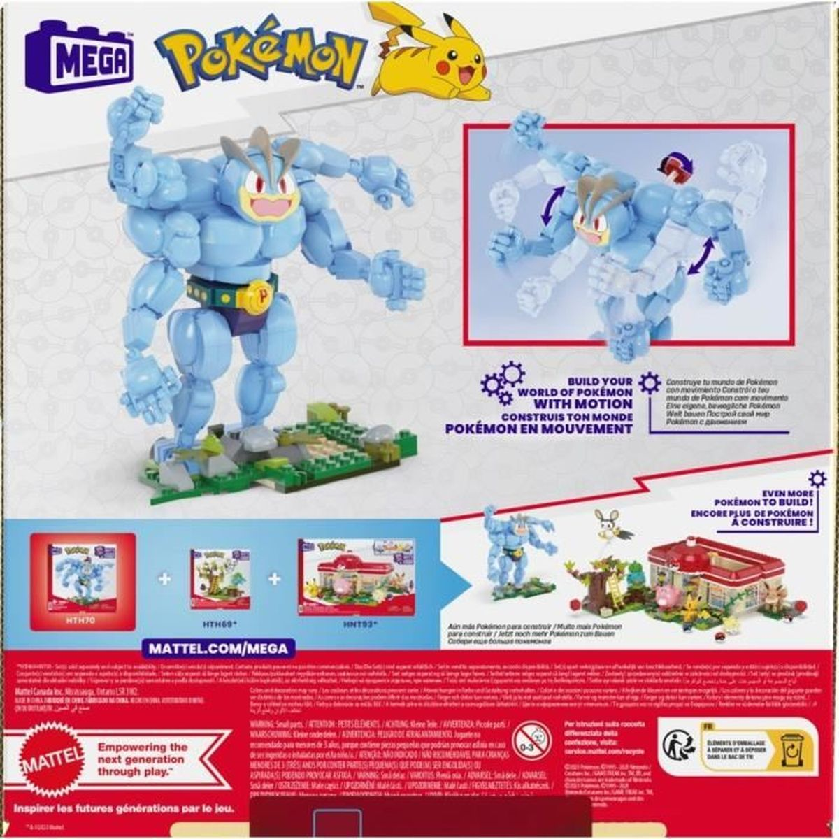 Illustrazione della confezione di un set di costruzioni Mega Pokémon. Presenta una figura blu di Machamp, Pikachu e altre immagini.