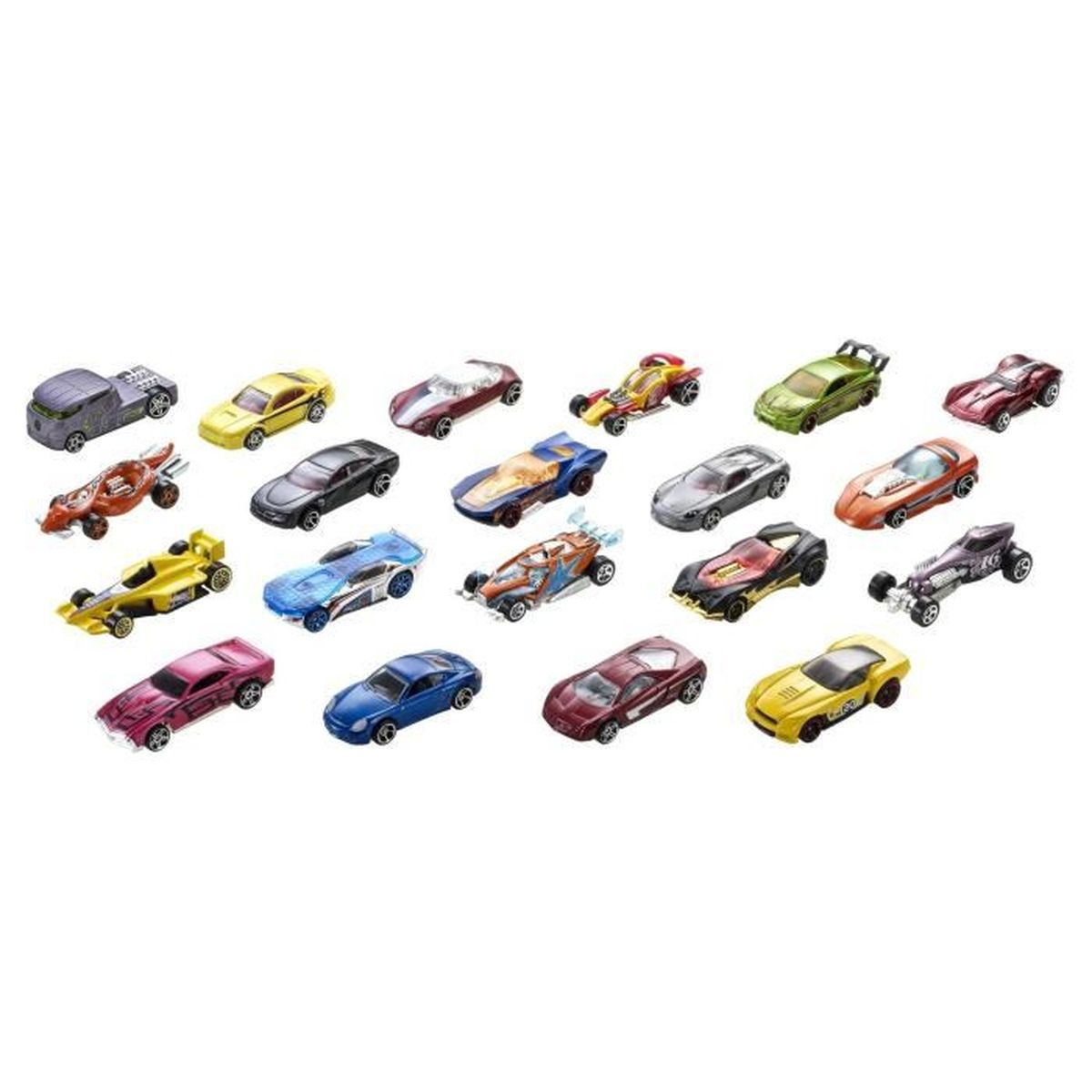Una colección de coches de juguete de varios colores y diseños, dispuestos en filas. Los coches están sobre un fondo blanco, con sombras.