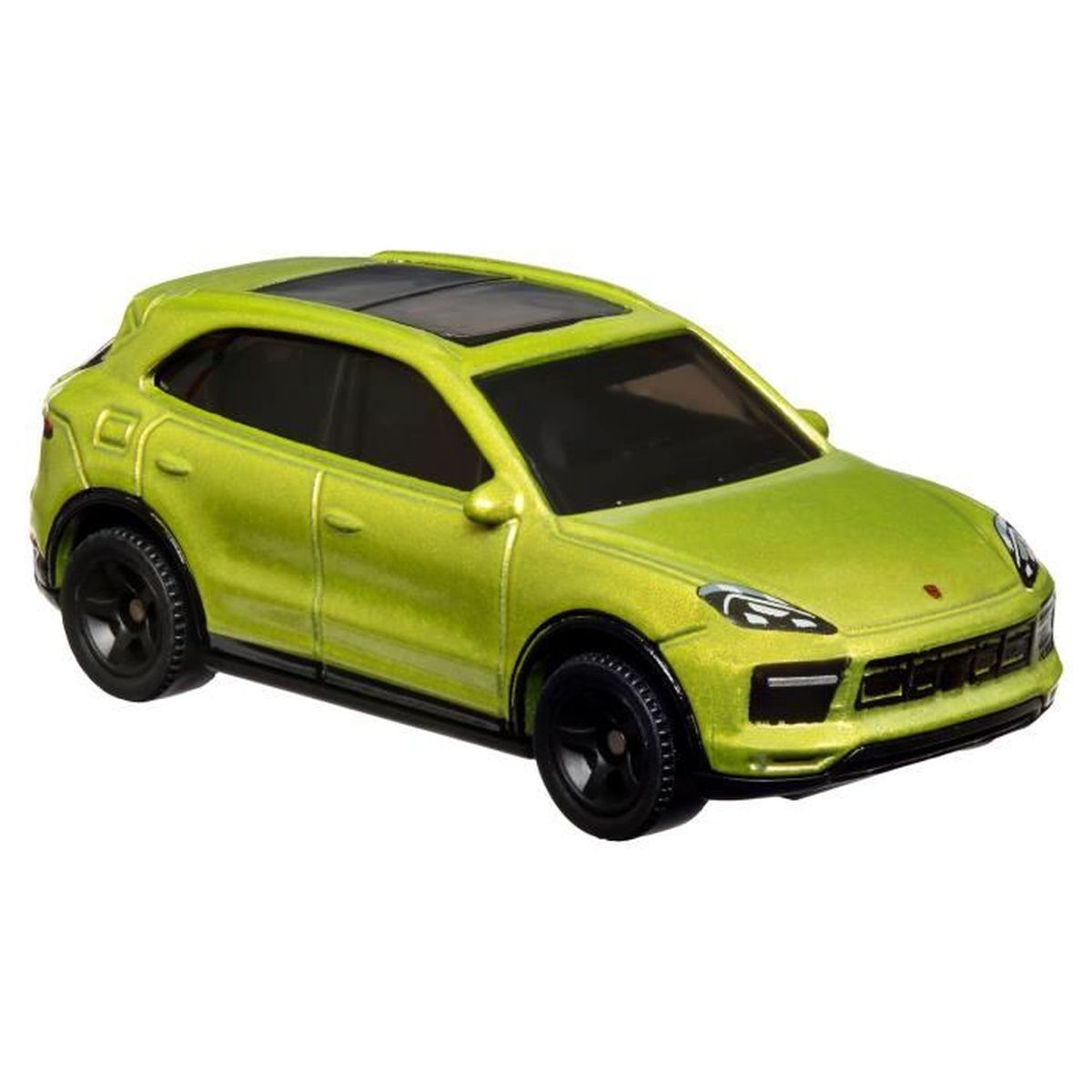 Een kleine, limoengroene Porsche Cayenne speelgoedauto, met zwarte wielen, op een witte achtergrond. De auto heeft een zwart zonnedak en zwarte ramen.