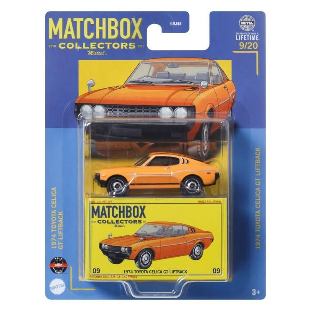 Matchbox speelgoedautoset. Oranje 1974 Toyota Celica GT Liftback auto's op een blauw-gele kaart. Bevat meerdere hoeken.