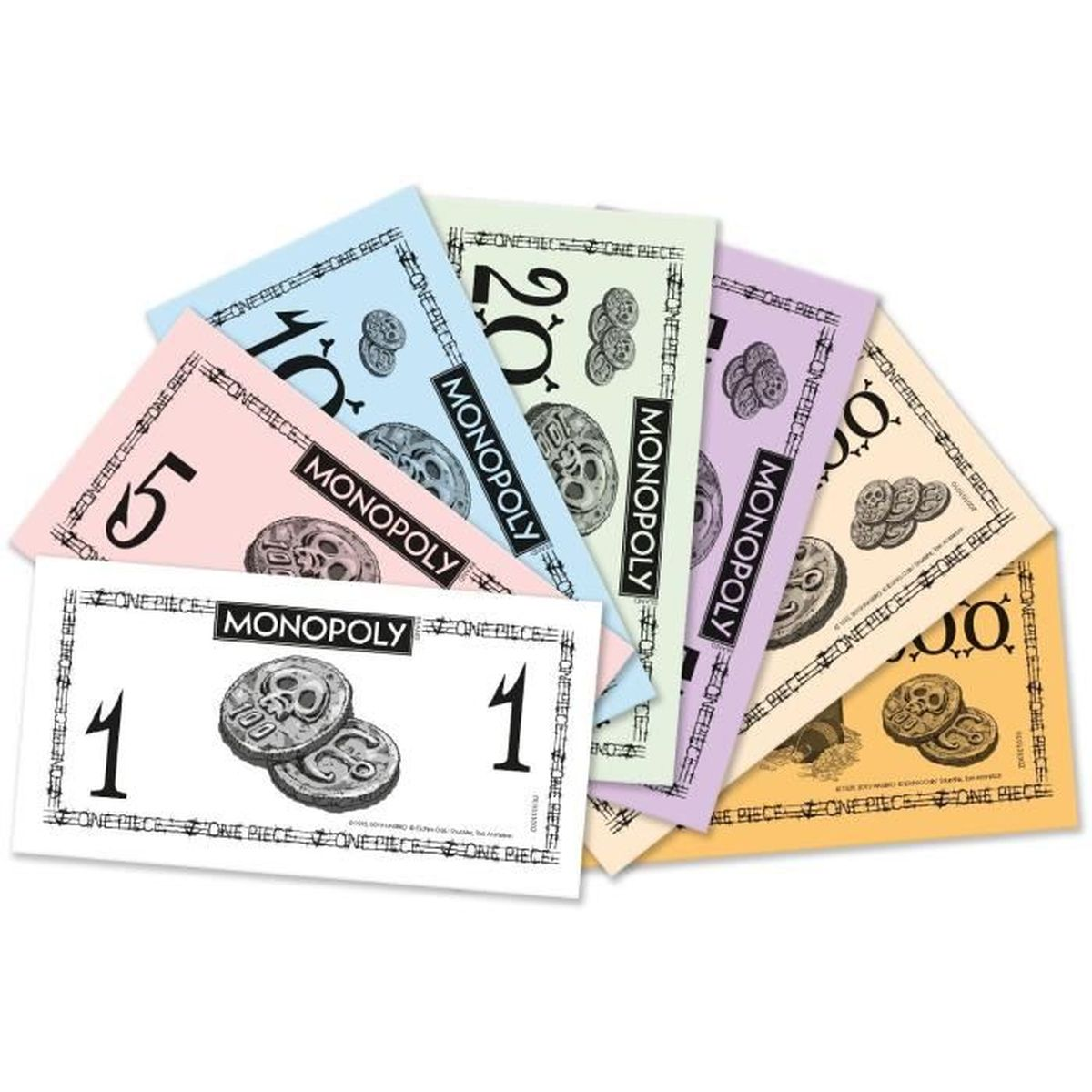 Monopoly-Geld in verschiedenen Farben und Stückelungen. Scheine von 1, 5, 10, 20 und 100 sind sichtbar, mit dem Monopoly-Logo.