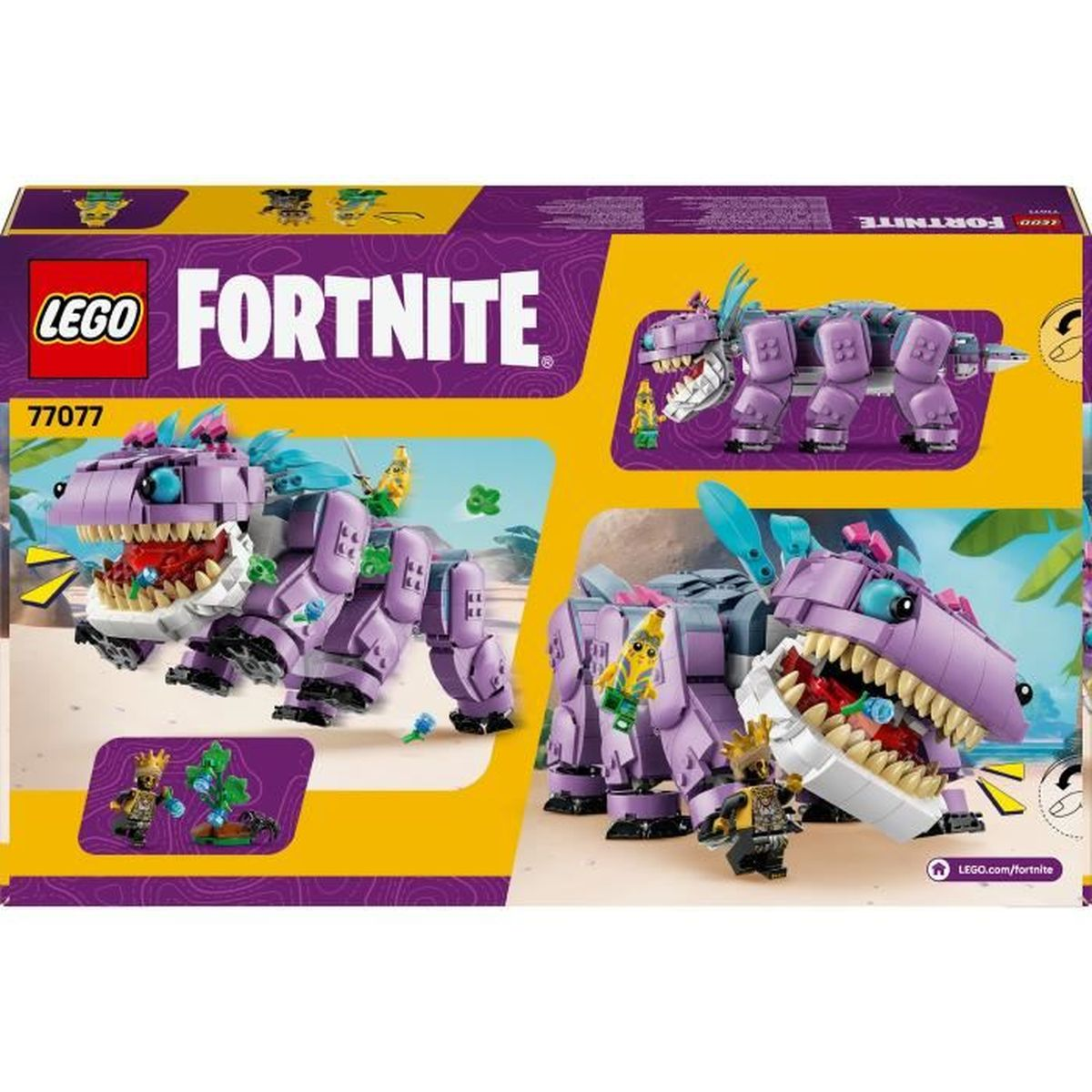 Pudełko zestawu Lego Fortnite. Zawiera figurki dinozaurów Lego w kolorze fioletowym i niebieskim. Zawiera mini figurki i logo Lego.
