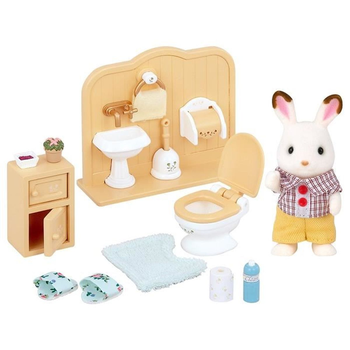 Un set da bagno giocattolo. Include un water, un lavandino, un armadietto, accessori e un personaggio coniglio.