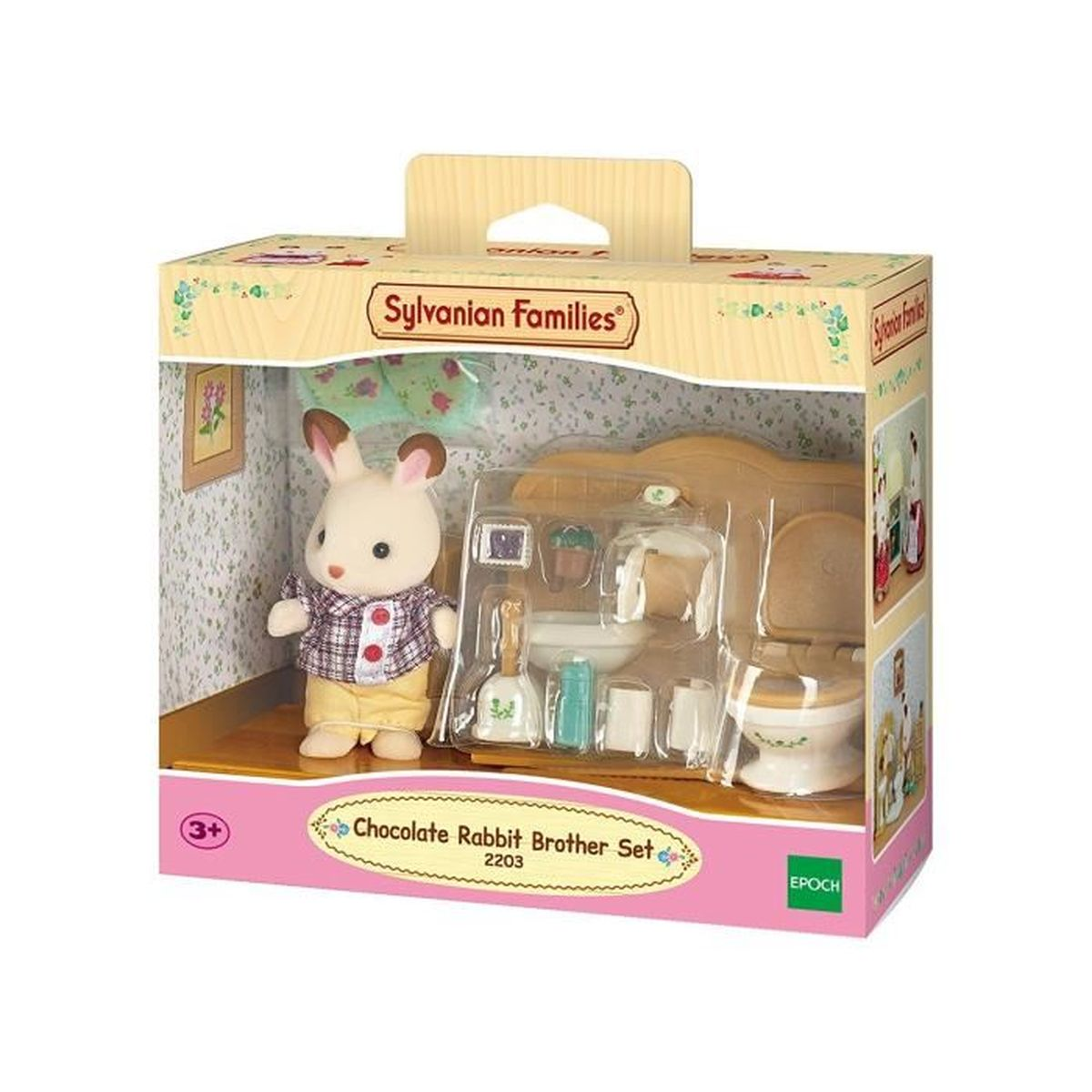 Una scatola del set Sylvanian Families Chocolate Rabbit Brother. Contiene una figura di coniglio, gabinetto, lavandino, accessori e un quadro.
