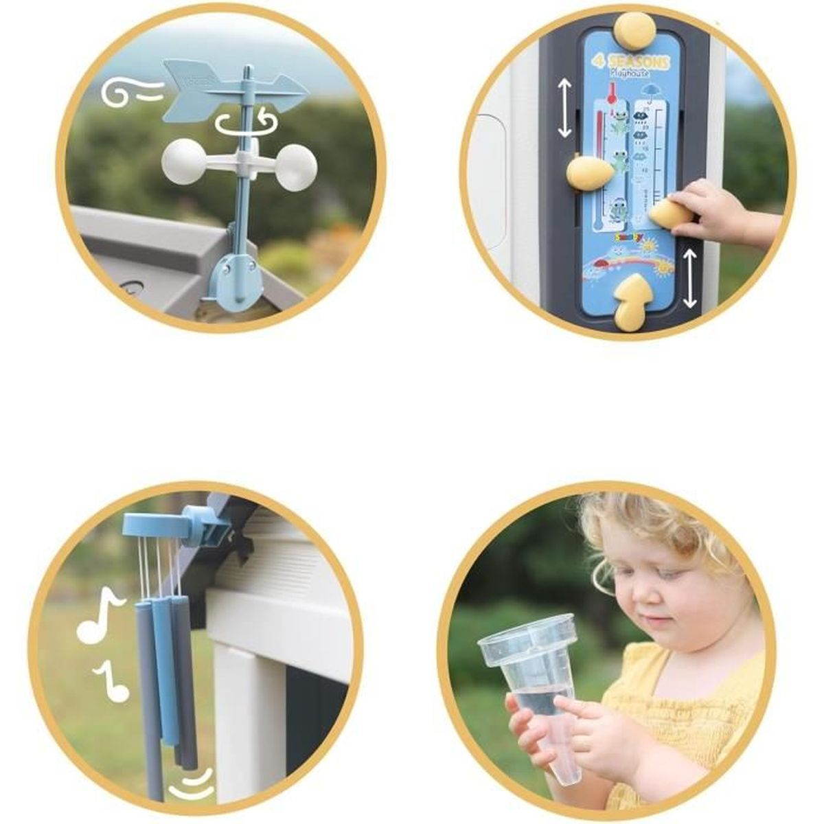Zdjęcie przedstawia zabawkę stacji meteorologicznej. Obejmuje wiatrowskaz, termometr, deszczomierz i dziecko bawiące się wodą.