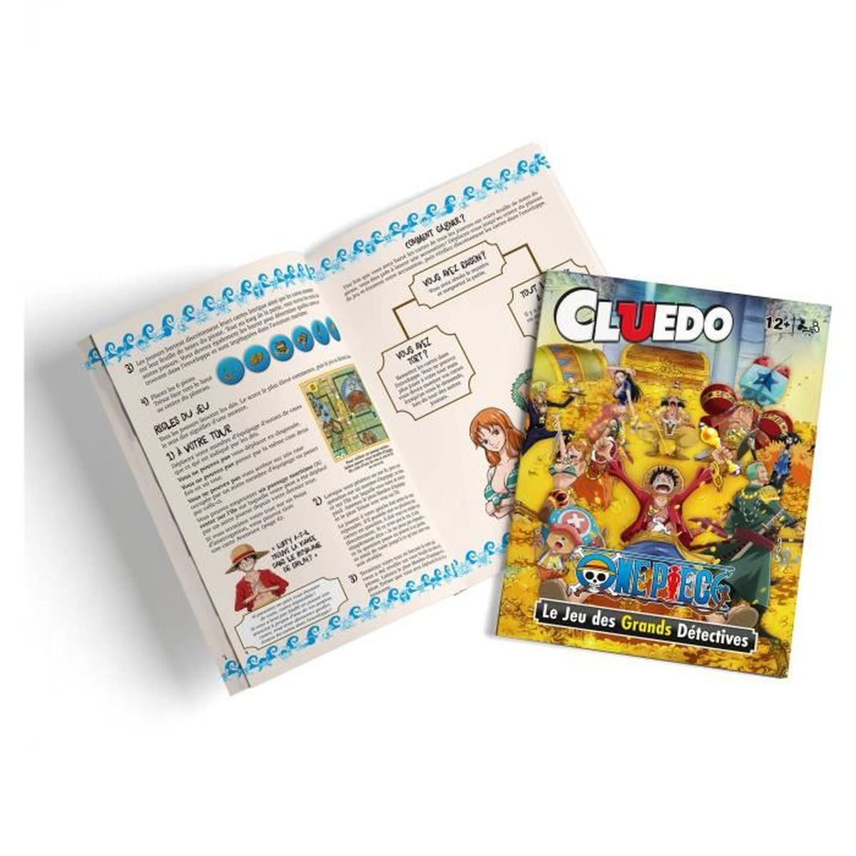 Een speldoos van Cluedo One Piece ligt op een tafel, met het regelboek ernaast open. Personages uit One Piece versieren de doos.