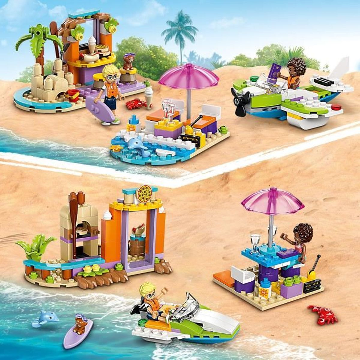 Scena na plaży Lego z minifigurkami, samolotem, łodzią i różnymi konstrukcjami plażowymi. Scena osadzona na piaszczystym tle z oceanem.