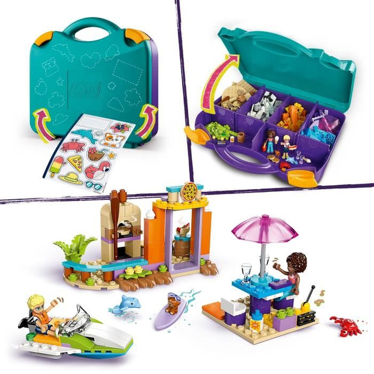 Zestaw Lego Friends z walizką, scena plażowa z figurkami, łodzią, stoiskiem z pizzą, stołem z parasolem i krabem.