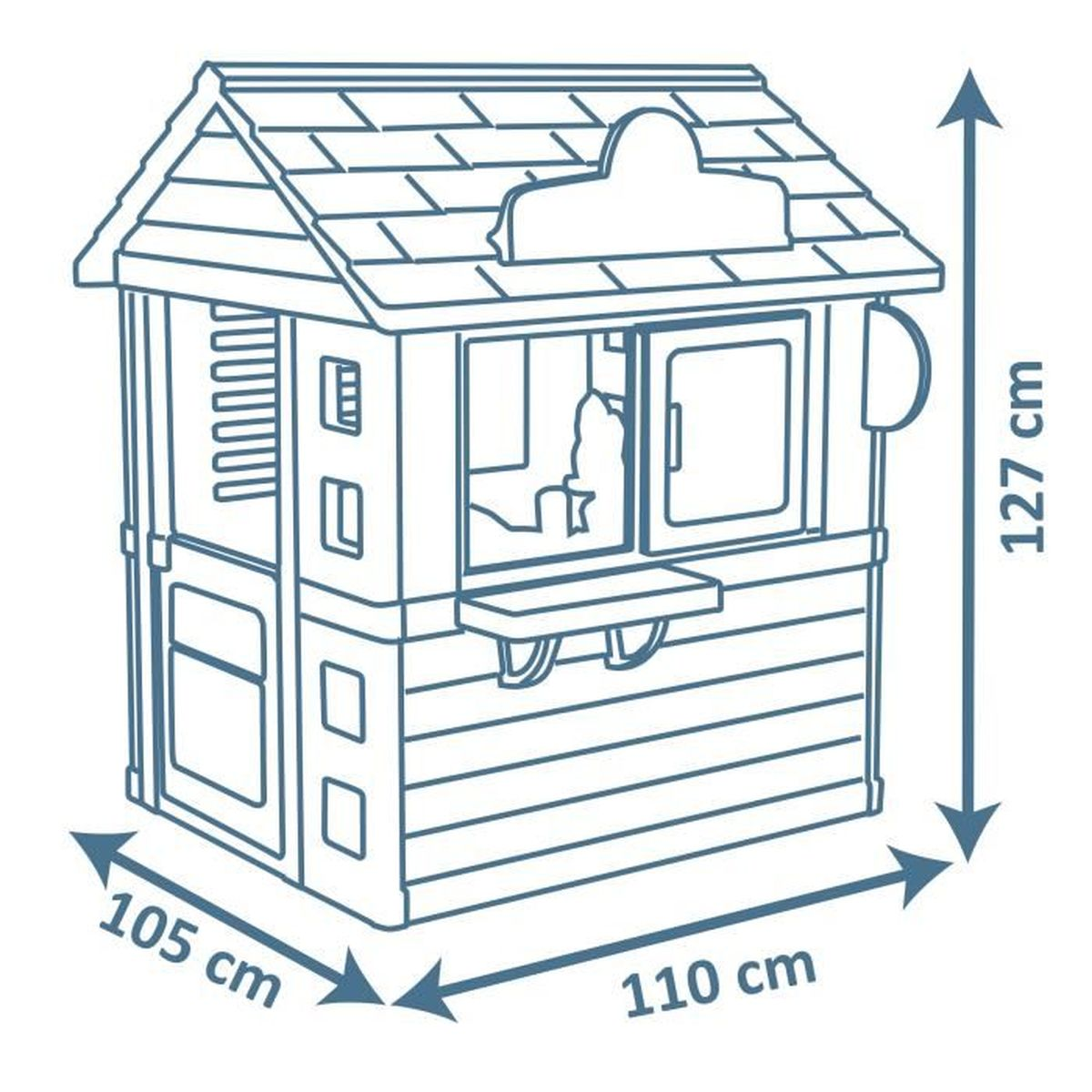 Dibujo lineal de una casita de juegos. Dimensiones: 127 cm alto, 110 cm ancho, 105 cm profundidad. Ventana, mostrador y techo.