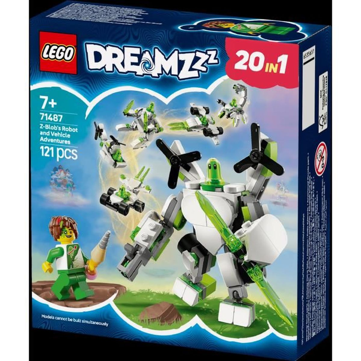 Scatola Lego Dreamzzz. Mostra un robot e veicoli. Include un personaggio Lego. La scatola dice 7+, 121 pezzi e 20 in 1.