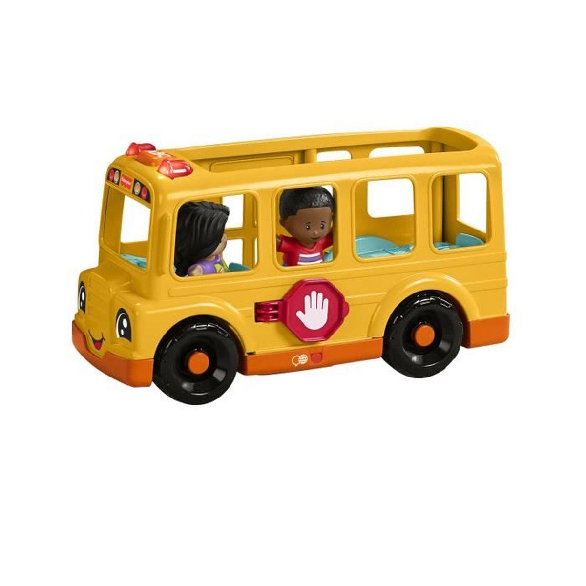 Een gele speelgoed schoolbus met twee figuren erin. De bus heeft een stopbord en zwarte wielen. De figuren lijken kinderen te zijn.