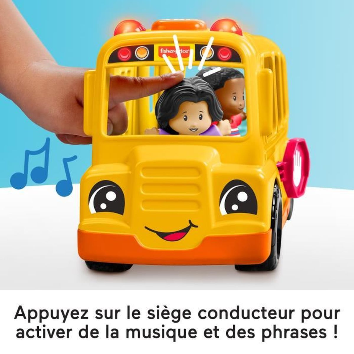 Een gele speelgoedbus met twee figuren erin. Een hand drukt op het hoofd van een figuur en er worden muzieknoten getoond.