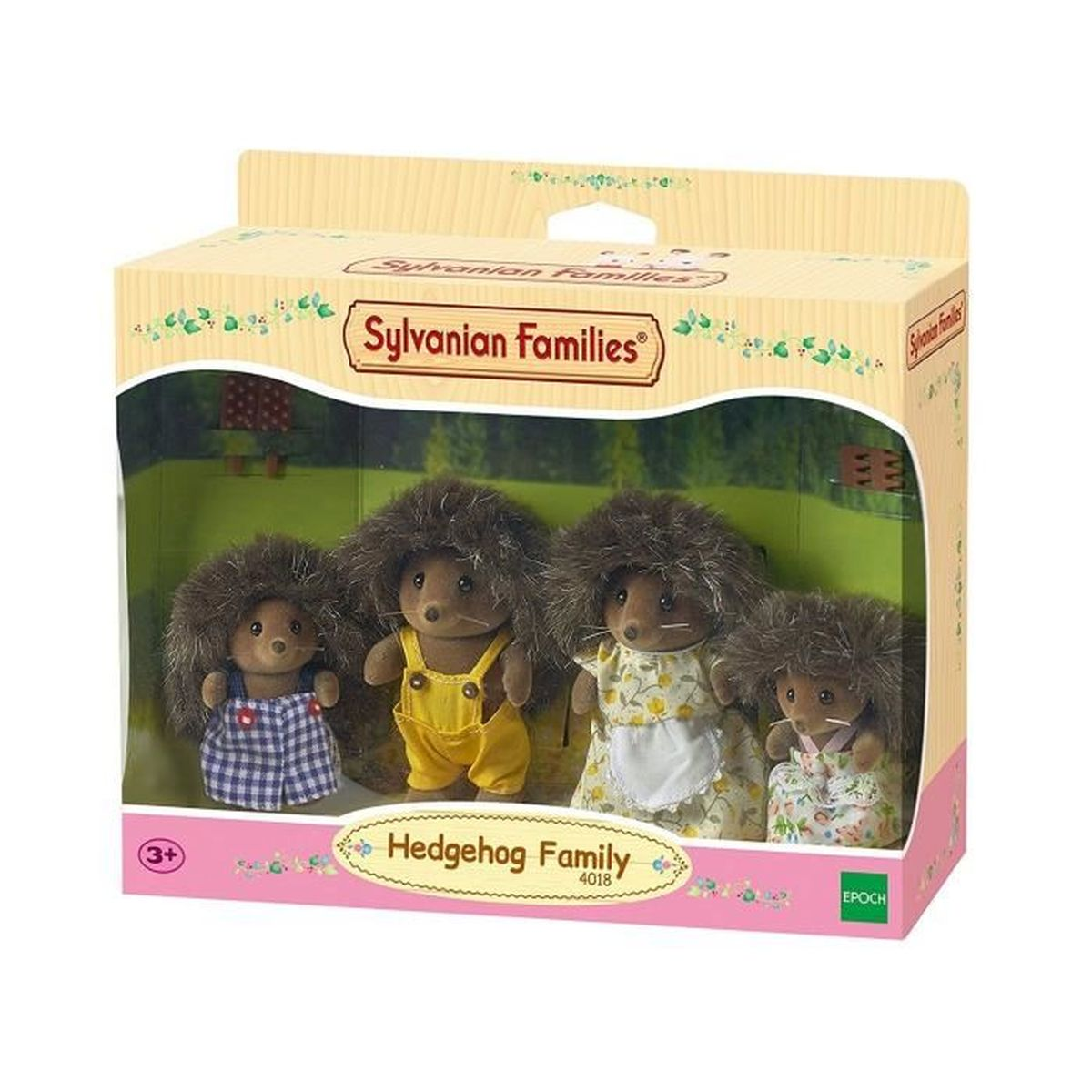 Un juego de cajas de figuras de erizos de Sylvanian Families. Cuatro erizos vestidos con varios atuendos están dentro de la caja.