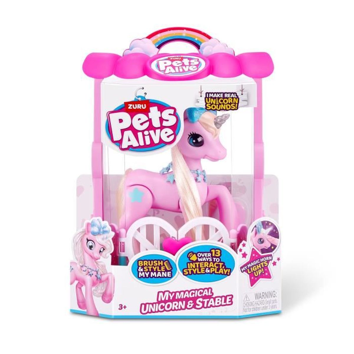 Ein rosa Einhorn-Spielzeug in einer rosa stallförmigen Verpackung. Es hat einen Regenbogen und Text mit 'Pets Alive' und 'My Magical Unicorn & Stable'.