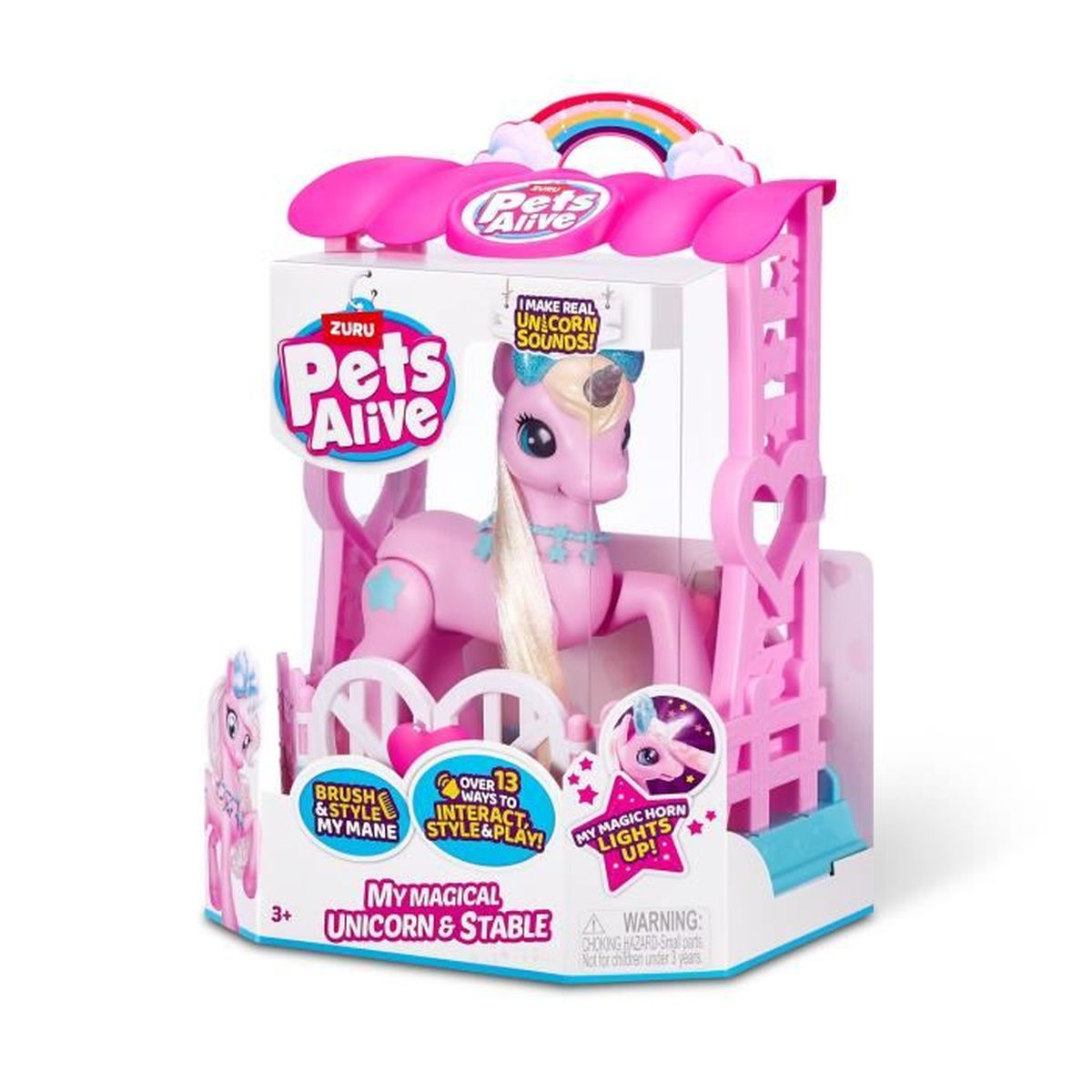 Ein rosa Einhorn-Spielzeug in einem rosa Stall. Es hat einen Regenbogen oben und Text, der 'Pets Alive' sagt.