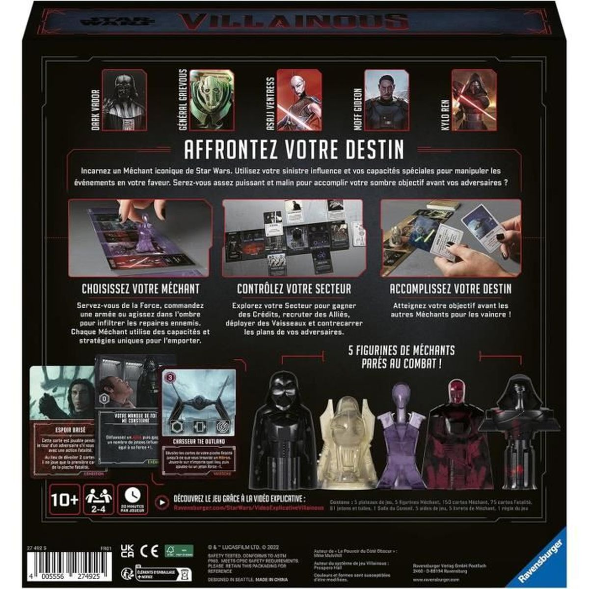 Doosontwerp voor het Star Wars Villainous spel. Toont karakters, spelonderdelen en tekst in het Engels en Frans.