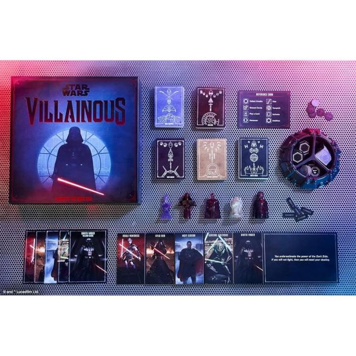 Star Wars Villainous bordspel. Doos met Darth Vader, kaarten, fiches en figuren. Personages zijn Vader, Kylo Ren, etc.