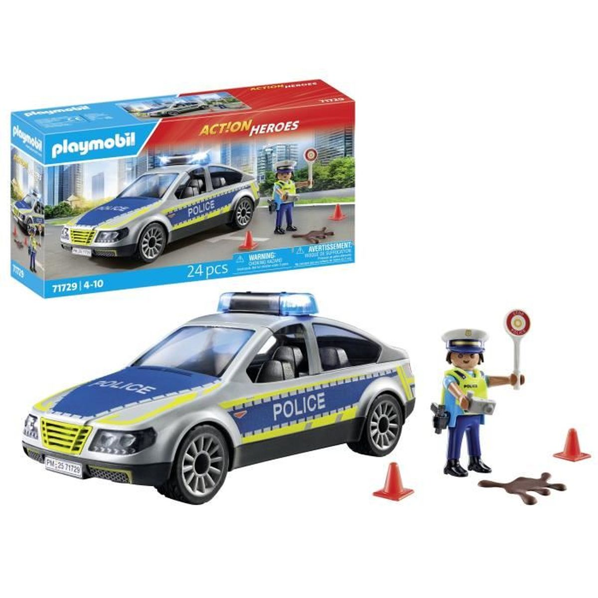 Samochód policyjny Playmobil, figurka policjanta, pachołki drogowe i pudełko ze zdjęciem samochodu policyjnego. Scena sugeruje akcję policyjną.