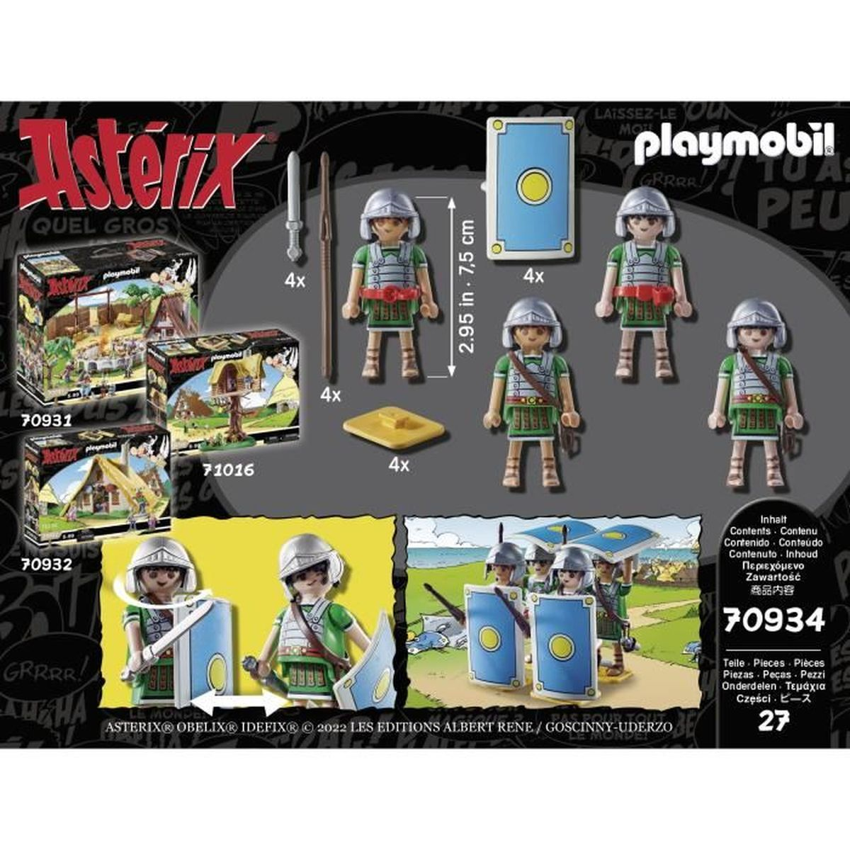Playmobil Asterix seti. Kasklı, kalkanlı ve silahlı figürler. Arka planda Asterix karakterleri ve sahneleri içeren kutular.