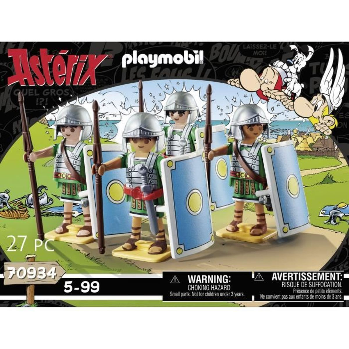 Zestaw Playmobil Asterix. Figurki rzymskich żołnierzy z tarczami i włóczniami. Opakowanie z ostrzeżeniami. Postacie z kreskówek w tle.