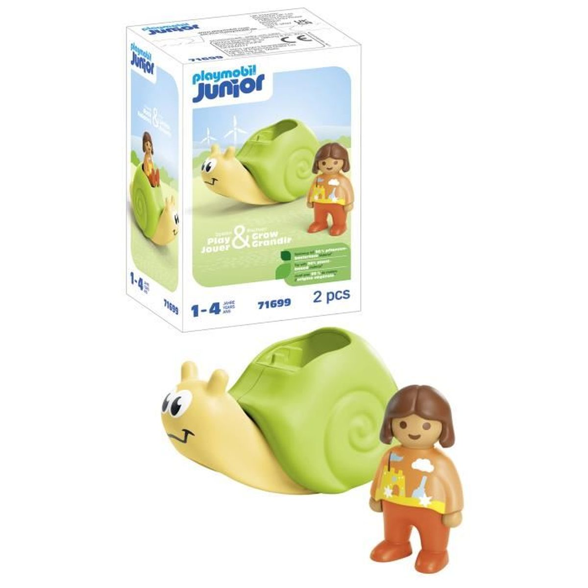 Zestaw Playmobil Junior. Zawiera doniczkę w kształcie ślimaka, figurkę dziecka i pudełko produktu.
