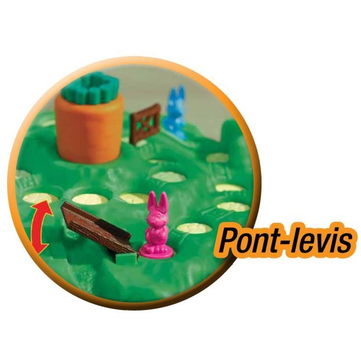 Gra planszowa z zielonym polem, pomarańczową marchewką, różowym królikiem, niebieskimi królikami i brązowym mostem. Gra zatytułowana 'Pont-levis'.