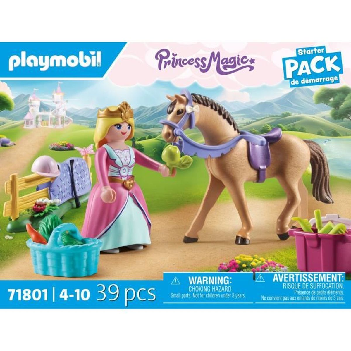 Zestaw Playmobil Princess Magic. Zawiera księżniczkę, konia, kosz z warzywami i małe ogrodzenie. Tło to zielony krajobraz.