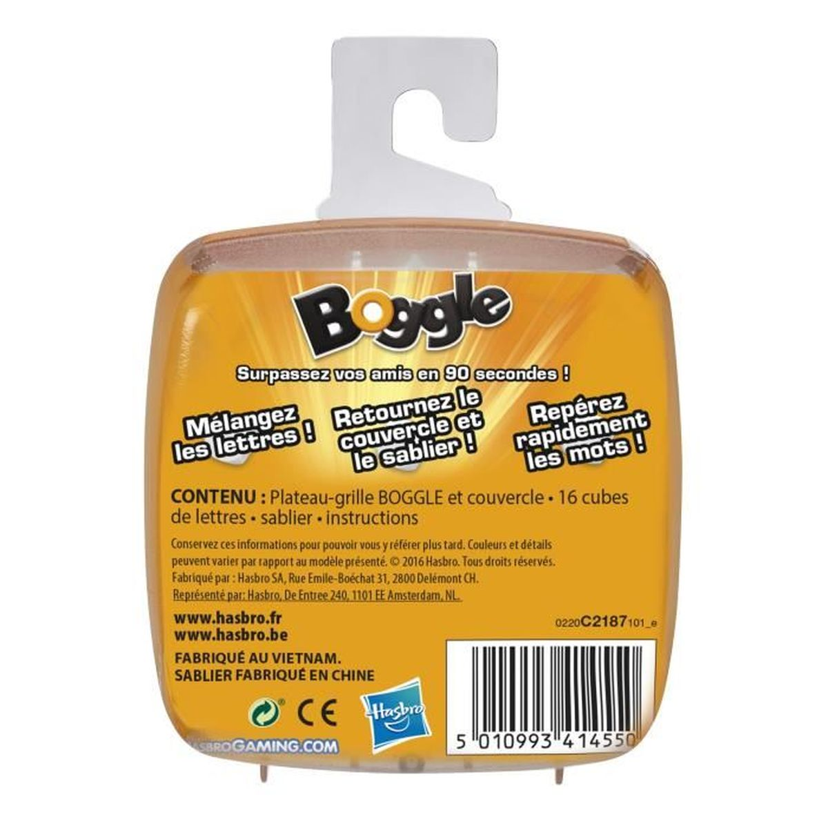 Pudełko gry Boggle. Pomarańczowo-białe opakowanie. Tekst w języku francuskim. Logo Hasbro. Kod kreskowy i szczegóły produktu widoczne.