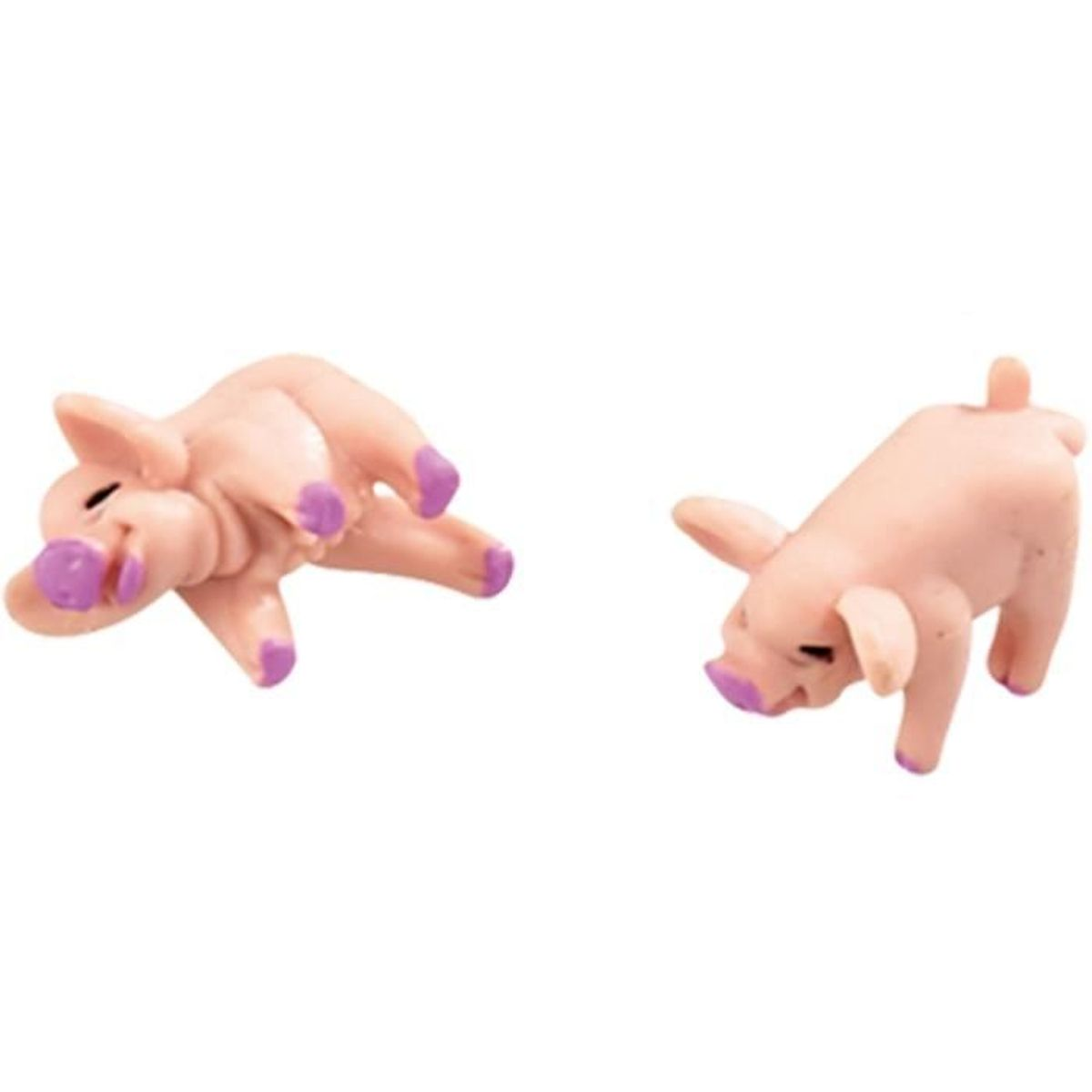 Due maialini giocattolo. Uno è sdraiato, l'altro in piedi. Entrambi sono rosa con dettagli viola.